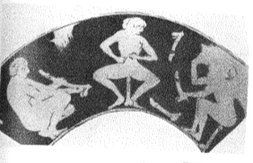 Figure 1. Underside of a drinking cup showing women with disemodied phalli (possibly olisboi). (Kilmer 1993 241; Keuls 1993 83, 443).